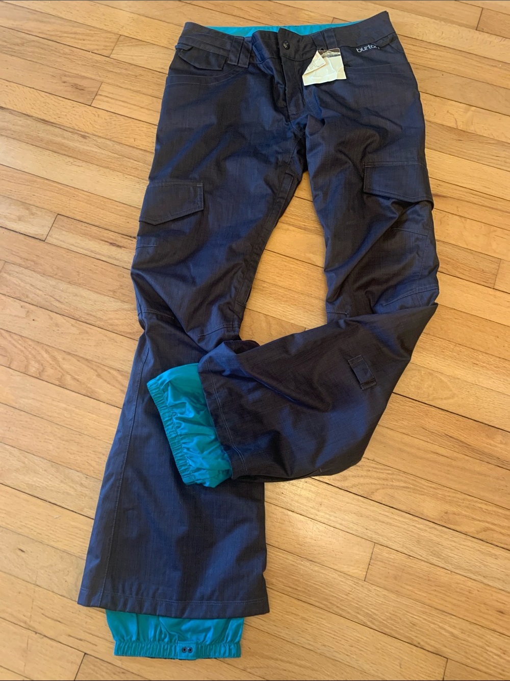 Burton womens gray dry ride Cargo Snow Pants with Teal Gaiters medium